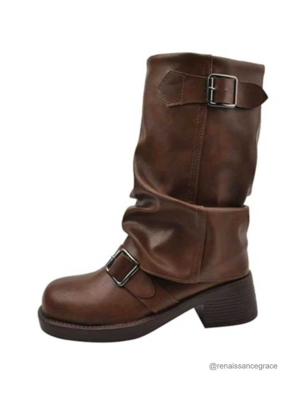 Womens Vintage Western High Heeled Stacked Pleated Mid Calf Boots
